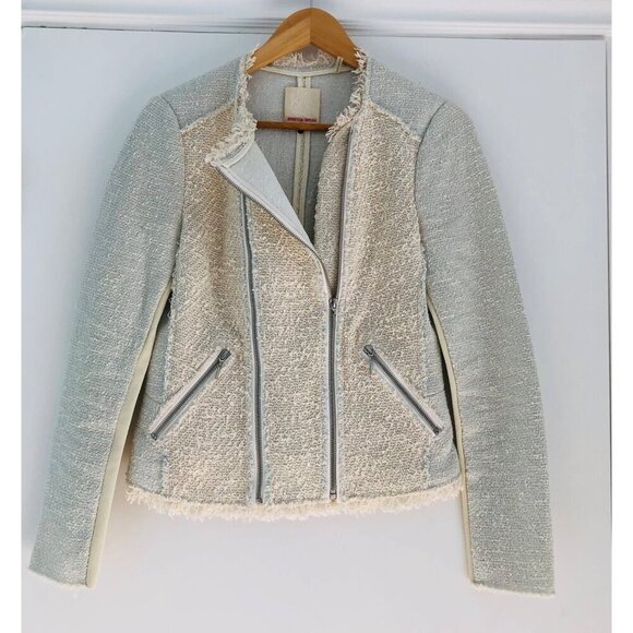Rebecca‎ Taylor Tweed Jacket Moto Size 6 Frayed Edges Cotton Leather Trim Biker - Picture 3 of 11